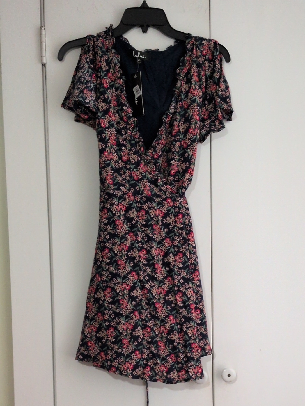 Lulu's Navy Floral Wrap Mini Dress with Pink Blossoms